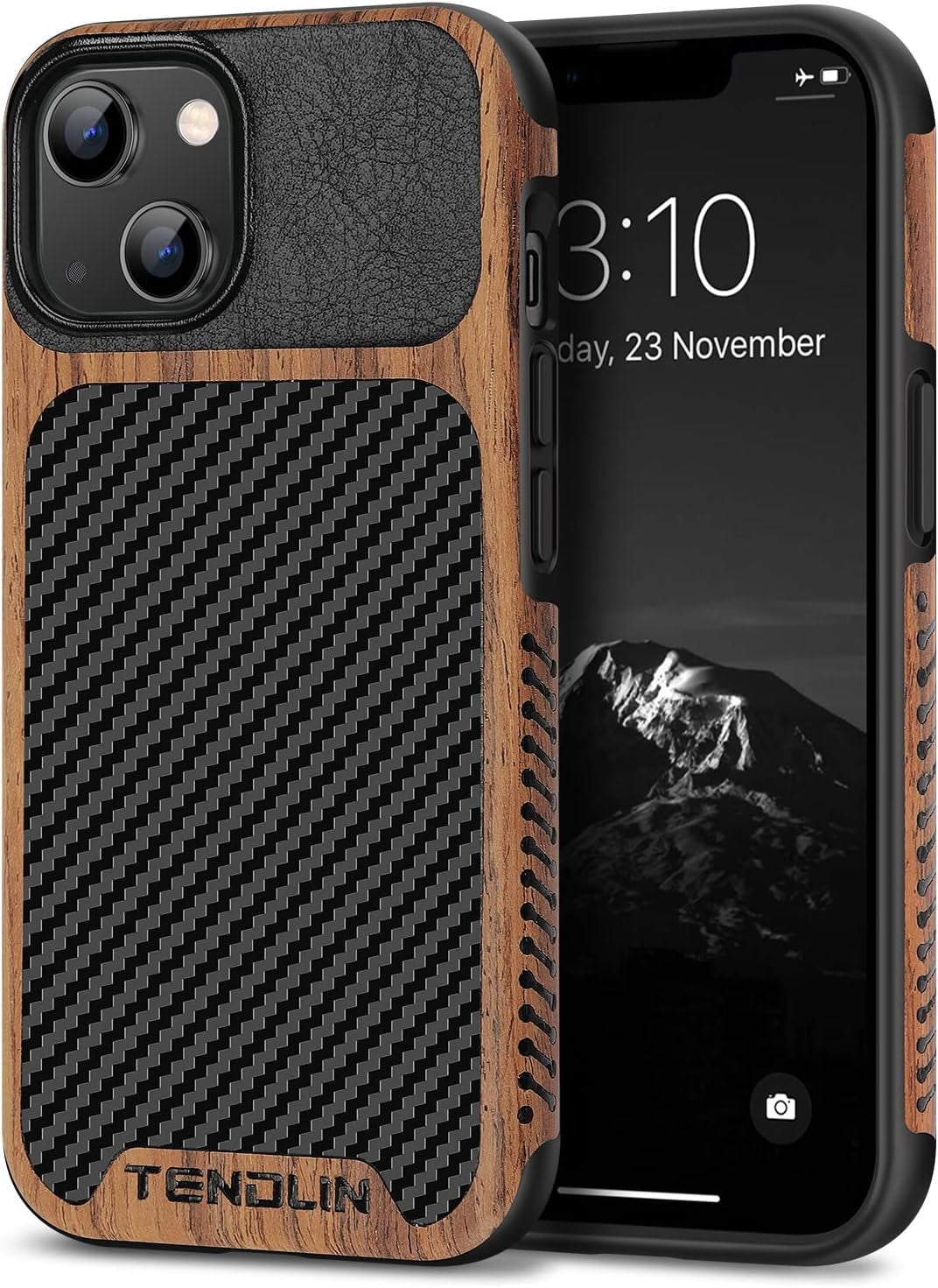 Compatible with Iphone 14 Case Wood Grain with Carbon Fiber Texture Design Leath