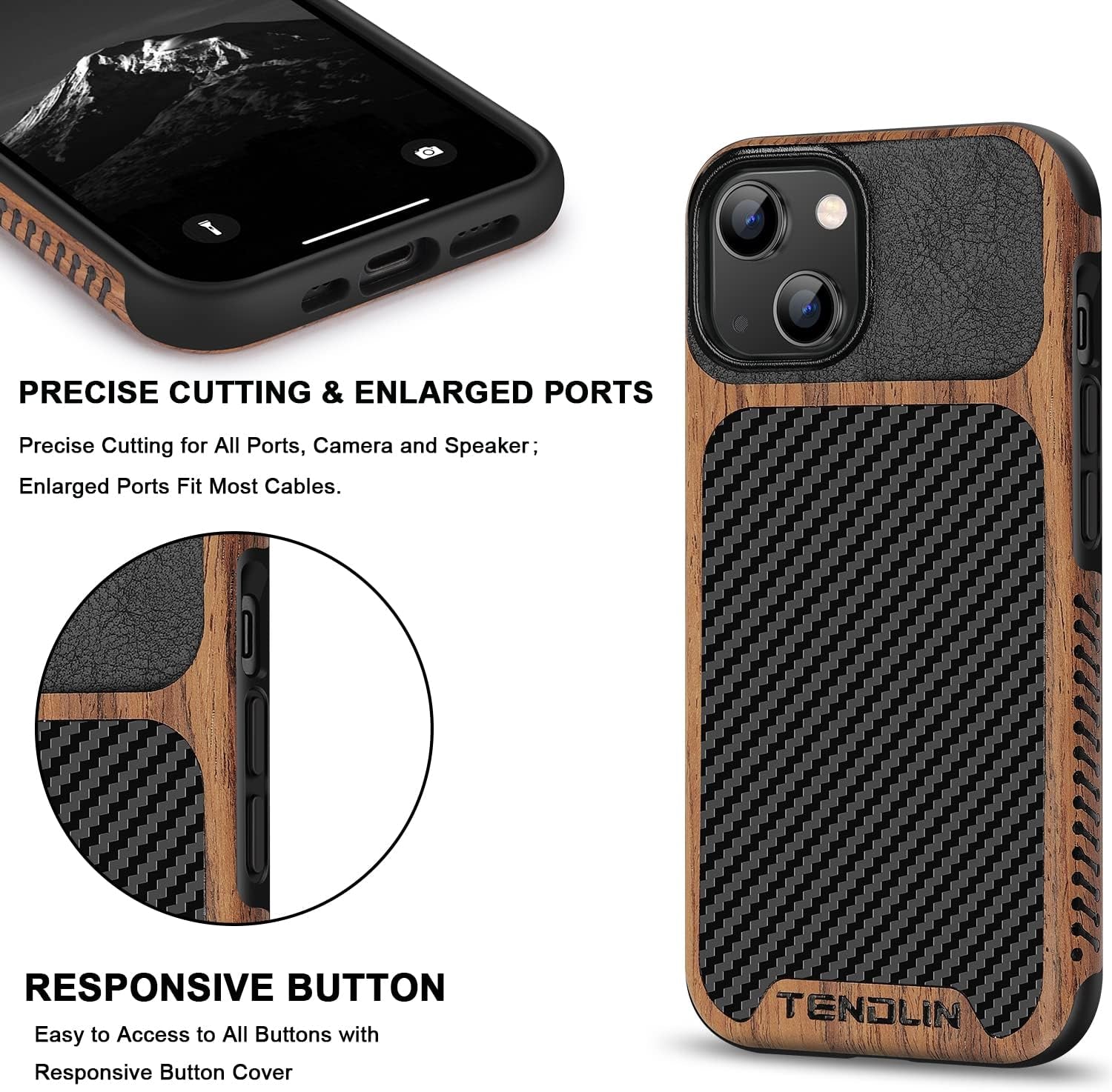 Compatible with Iphone 14 Case Wood Grain with Carbon Fiber Texture Design Leath