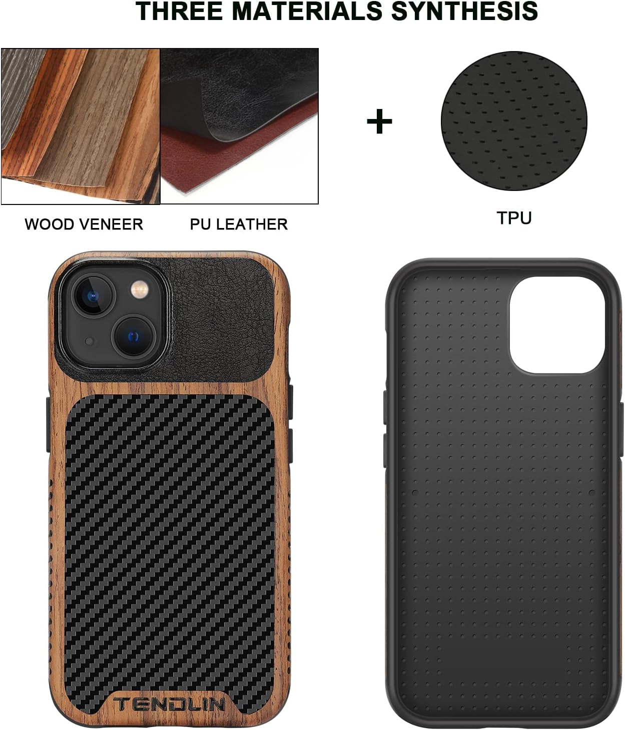 Compatible with Iphone 14 Case Wood Grain with Carbon Fiber Texture Design Leath