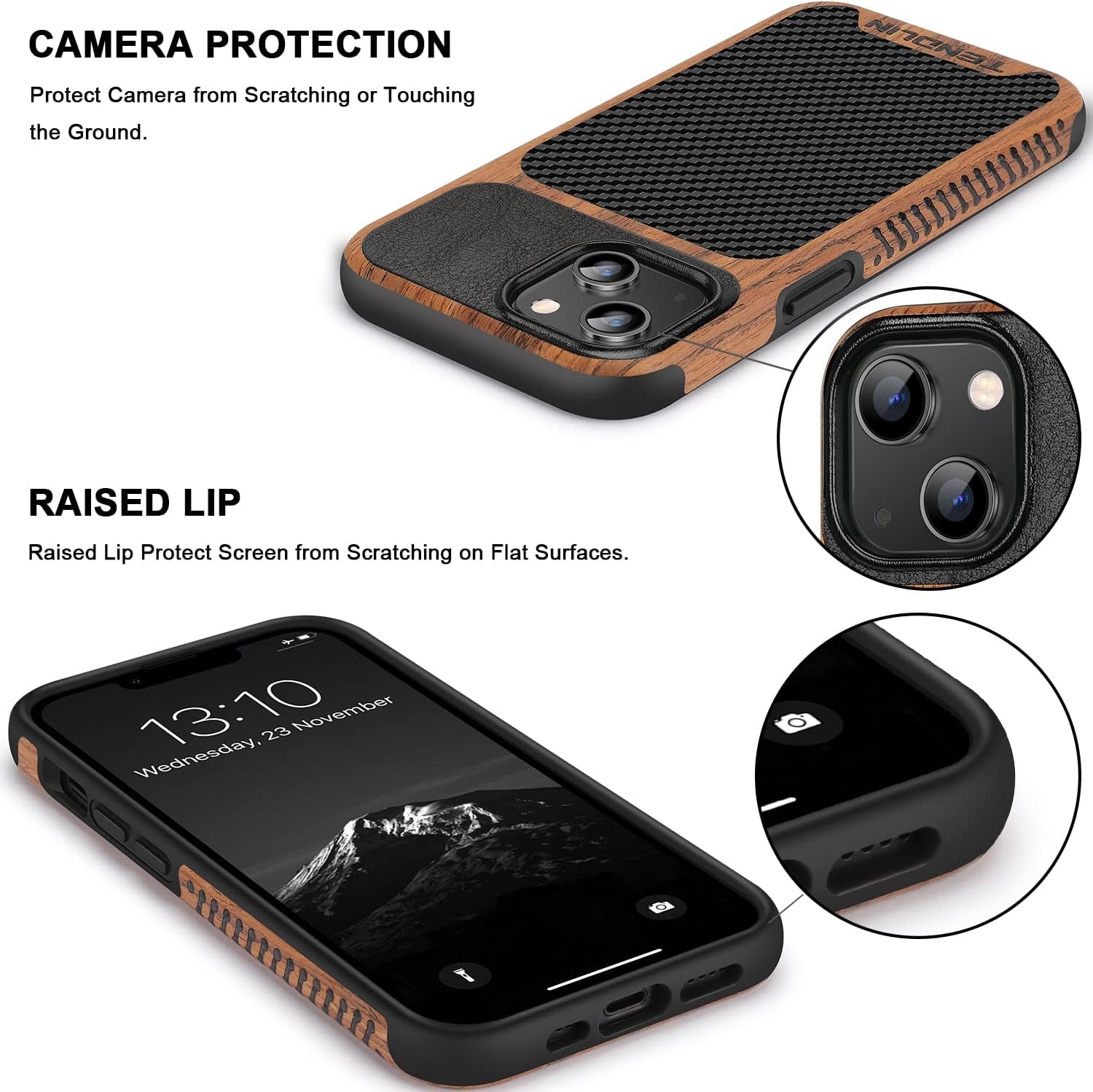 Compatible with Iphone 14 Case Wood Grain with Carbon Fiber Texture Design Leath