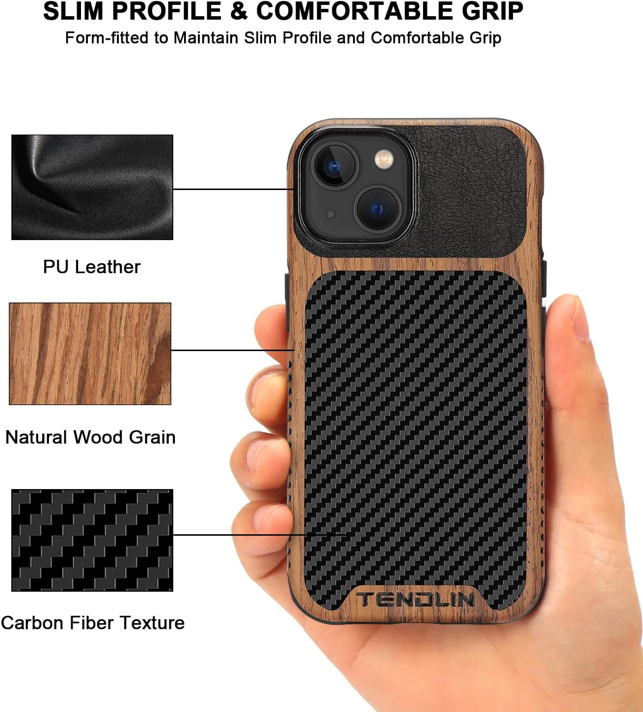Compatible with Iphone 14 Case Wood Grain with Carbon Fiber Texture Design Leath